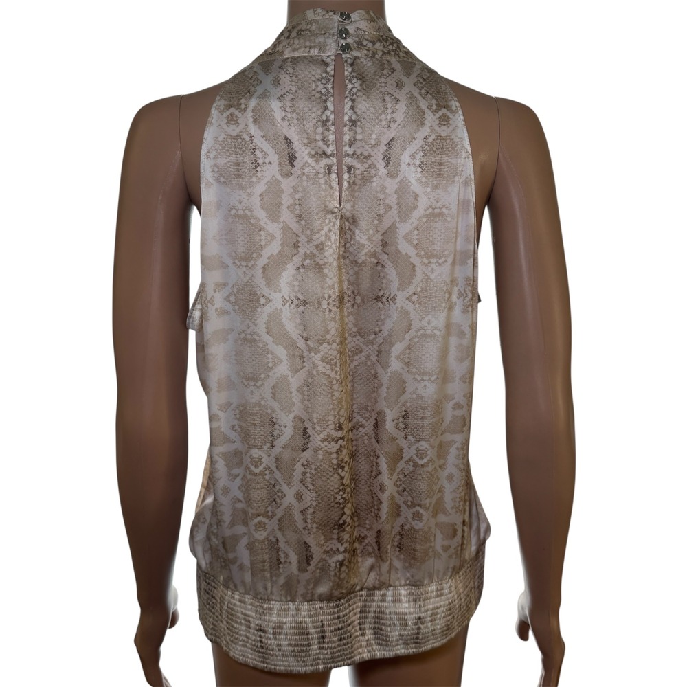 White House Black Market Snakeskin Halter Top Beige Surplice Smocked Blouse WHBM - Picture 2 of 10